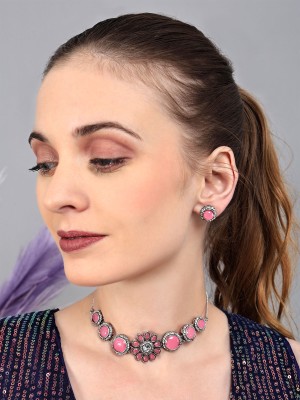 Pink Stone Flower Ethnic Oxidized Silver Choker NECKLACE EARRING JEWELLERY SET