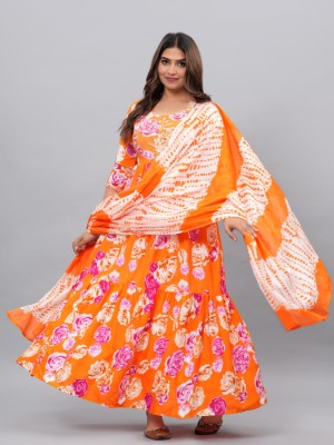 Energetic Orange Floral Embroidered Rayon Long Anarkali Kurti Dupatta Readymade Salwar Kameez Suit