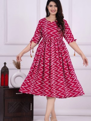 Red Zigzag Design Trendy Online Kurti for Women Gown Tunic Printed Dress