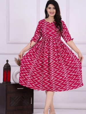 Red Zigzag Design Trendy Online Kurti for Women Gown Tunic Printed Dress