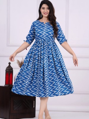 Blue Zigzag Design Trendy Online Kurti for Women Gown Tunic Printed Dress