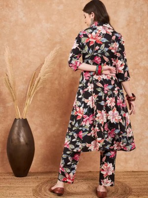 Black Floral Printed Aline Co-ord Set Trendy Front Slit Style pattern Kurta Pant Suit Set Online