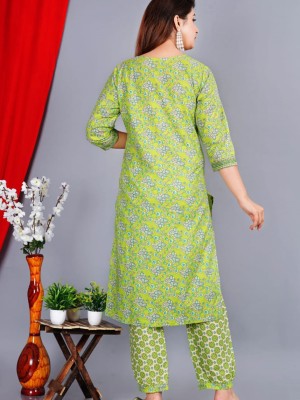 Floral Yellow Printed Indian Straight Kurti Pant Set Cotton Shalwar Kameez Online Kurta Set