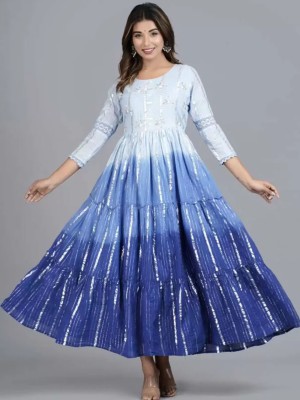 Blue Cotton Lurex Handwork Kurti Gown Multicolored Indian Anarkali Partywear Dress for Women
