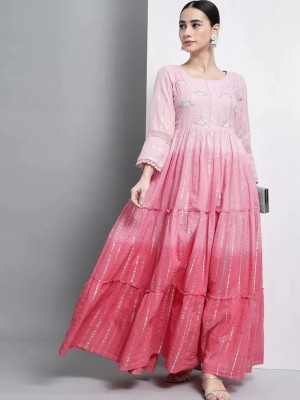Pink Cotton Lurex Handwork Kurti Gown Multicolored Indian Anarkali Partywear Dress for Women