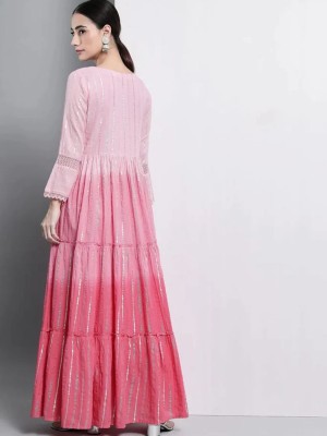 Pink Cotton Lurex Handwork Kurti Gown Multicolored Indian Anarkali Partywear Dress for Women