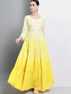 Yellow Cotton Lurex Handwork Kurti Gown Multicolored Indian Anarkali Partywear Dress for Women