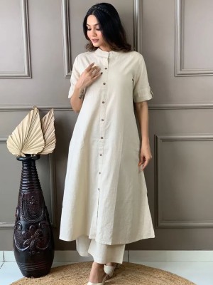 Beige New Trendy Katha Cotton Co-ord Set Kurti with Pocket Palazzo Pant Set Online Aline Dress