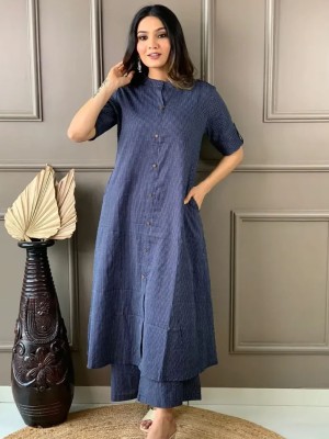 Navy Blue New Trendy Katha Cotton Co-ord Set Kurti with Pocket Palazzo Pant Set Online Aline Dress
