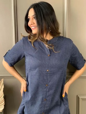 Navy Blue New Trendy Katha Cotton Co-ord Set Kurti with Pocket Palazzo Pant Set Online Aline Dress