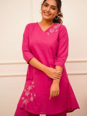 Latest Pink Gulabi Schiffli Cotton Fabric Embroidered Co-ord Kurti Pant Set Online V-neck Dress