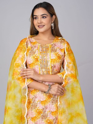 Yellow Plus Size Floral Embroidered Cotton Long Kurti Pant Dupatta Readymade Casual Salwar Kameez Suit