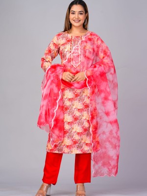Red Plus Size Floral Embroidered Cotton Long Kurti Pant Dupatta Readymade Casual Salwar Kameez Suit