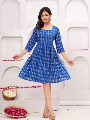 Blue Rayon Printed Frock Style Kurti Indian Anarkali Partywear Dress for Women