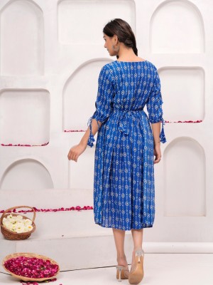 Blue Rayon Printed Frock Style Kurti Indian Anarkali Partywear Sweetheart Neckline Dress for Women