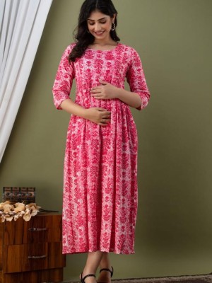 Pink Printed Soft Maternity Gown for Women Baby Feeding Anarkali Kurti Gown with Discreet Zip