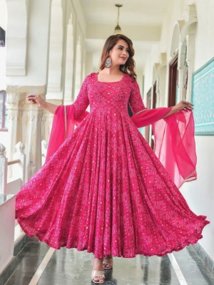 Pink Color Trendy Style Bandhani Print Anarkali Kurti Dupatta Set