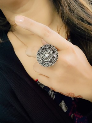 Women Indian Oxidized Silver Round Free Size Finger Ring Ethnic Fashion Jewelry