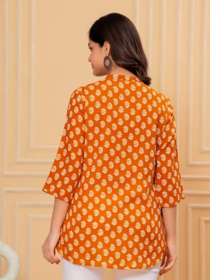 Orange Floral Printed Short Style Kurti Tunic Top for Women Block Print Short Kurta