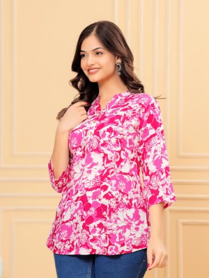 Pink Multicolored Floral Printed Short Style Kurti Tunic Top for Women Sanganeri Print Short Kurta