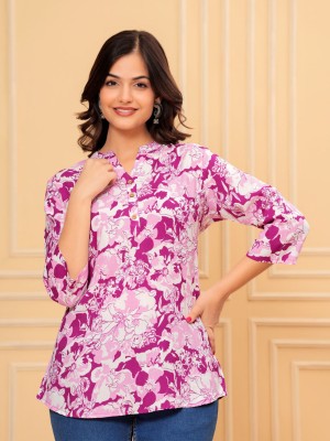 Purple Multicolored Floral Printed Short Style Kurti Tunic Top for Women Sanganeri Print Short Kurta