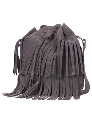 Gray Women Faux Suede Tassel Fringe Bucket Bag Hippie Shoulder Bag Crossbody Bag with Drawstring Closure 