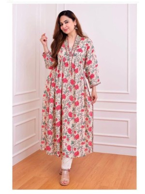 Beige Pink Floral Print Nayra Cut Alia Style Kurti Pant Set Indian Salwar Kameez Suit
