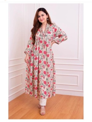 Beige Pink Floral Print Nayra Cut Alia Style Kurti Pant Set Indian Salwar Kameez Suit