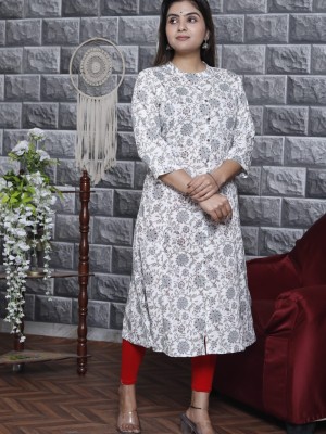 White Floral Print Long Straight Kurti Printed Casual Top Tunic
