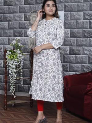 White Floral Print Long Straight Kurti Printed Casual Top Tunic