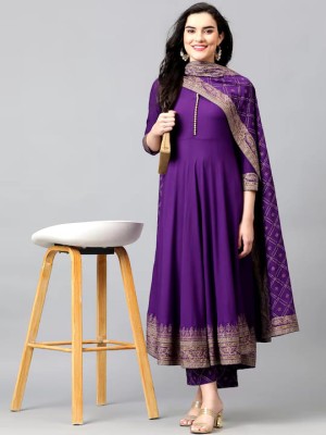 Indigo Blue Solid Color Plus Size Printed Anarkali Style Kurti Pant Dupatta Salwar Kameez Suit Online