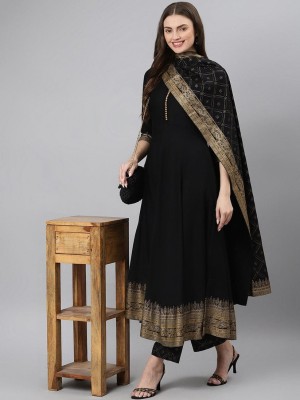 Black Solid Color Plus Size Printed Anarkali Style Kurti Pant Dupatta Salwar Kameez Suit Online