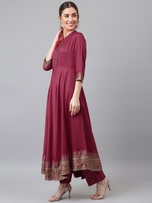 Maroon Solid Color Plus Size Printed Anarkali Style Kurti Pant Dupatta Salwar Kameez Suit Online