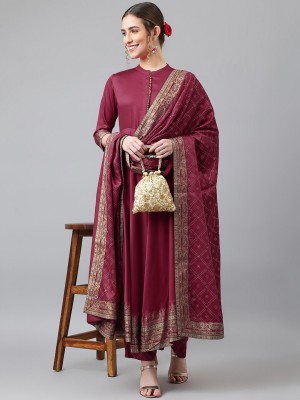 Maroon Solid Color Plus Size Printed Anarkali Style Kurti Pant Dupatta Salwar Kameez Suit Online