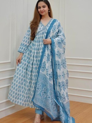 Blue White Alia Cut Style Anarkali Kurti Pant Dupatta Block Print Cotton Salwar Kameez Suit