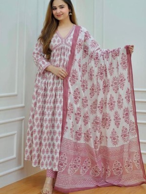Pink White Alia Cut Style Anarkali Kurti Pant Dupatta Block Print Cotton Salwar Kameez Suit