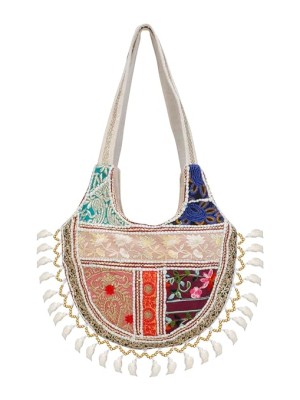 White Multi Cotton Patchwork Embroidered Boho Rajasthani Art Tote Bag for Woman
