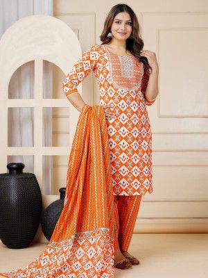 Orange Multicolor Plus Size Straight Kurti Pant Dupatta Embroidered Cotton Salwar Kameez Suit