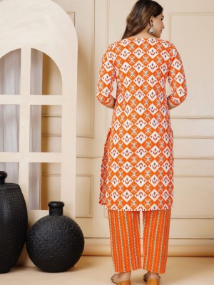 Orange Multicolor Plus Size Straight Kurti Pant Dupatta Embroidered Cotton Salwar Kameez Suit