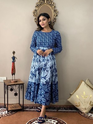 Blue Cotton Frock Style Kurti Indian Anarkali Partywear Ankle Length One Piece Dress for Women