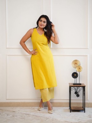Yellow Sleeveless V-Neck Kurti Pant  Set Indian Salwar Kameez Set Summer Dress