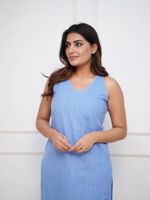 Blue Sleeveless V-Neck Kurti Pant  Set Indian Salwar Kameez Set Summer Dress
