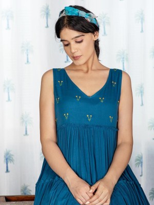 Blue Sleeveless Frock Style Kurti Flared Gown V-Neck Embroidered Partywear Dress for Women