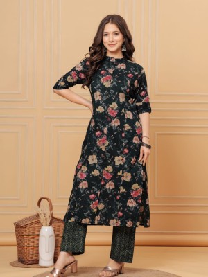 Black Floral Cotton Co ord Set Kurti Pant Indian Pakistani Readymade Salwar Kameez Set for Summer