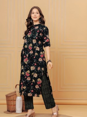 Black Floral Cotton Co ord Set Kurti Pant Indian Pakistani Readymade Salwar Kameez Set for Summer