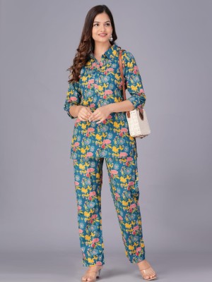 Calypso Blue Floral Cotton Co ord Set Kurti Pant Indian Trendy dress for Summer