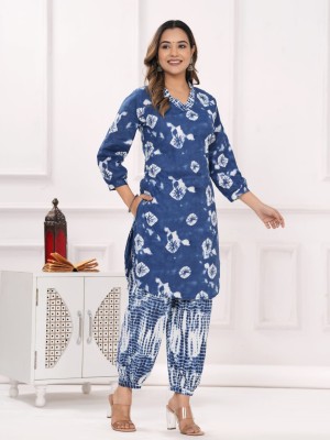 Blue Printed Cotton Co ord Set Kurti Pant Indian Trendy Salwar Kameez for Summer