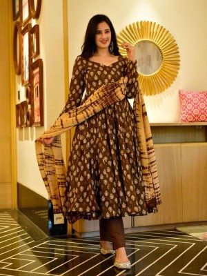 Coffee Brown Anarkali Kurti Pant Dupatta Set Block Print Full Sleeve Salwar Kameez Suit