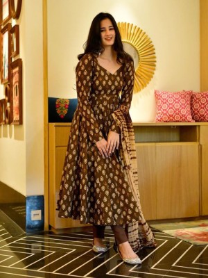 Coffee Brown Anarkali Kurti Pant Dupatta Set Block Print Full Sleeve Salwar Kameez Suit