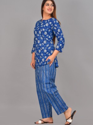 Blue Cotton Night Dress Set Kurti Pyjama for Summer